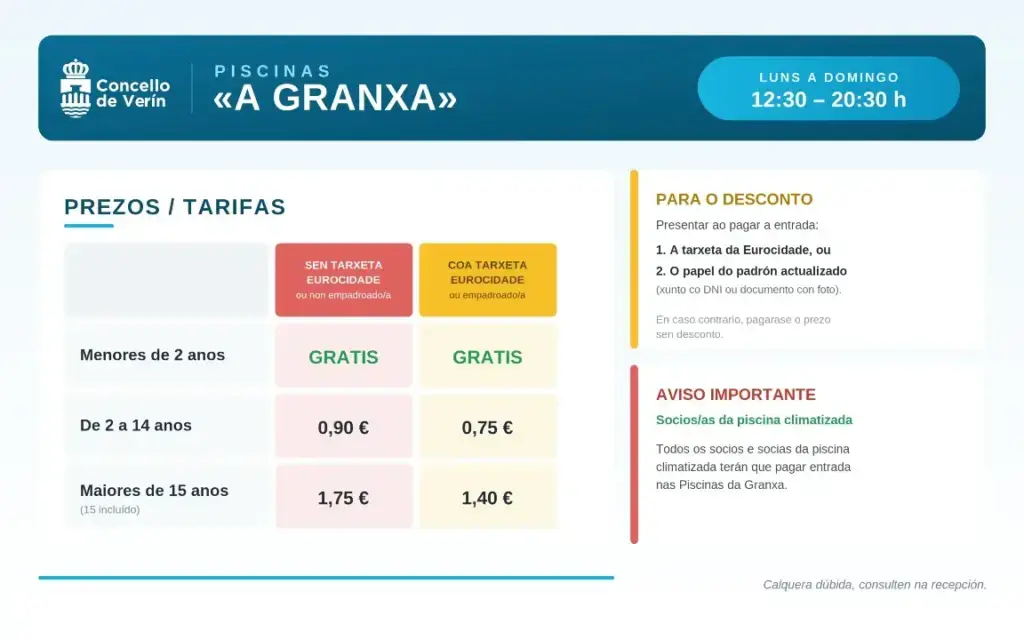 Cuadro con las tarifas para acceder a las piscinas de A Granxa.