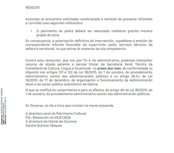 La resolución de la Dirección Xeral de Patrimonio del año 2024 autorizó las actuaciones de mejora ejecutadas en el talud del núcleo de Queirugás.