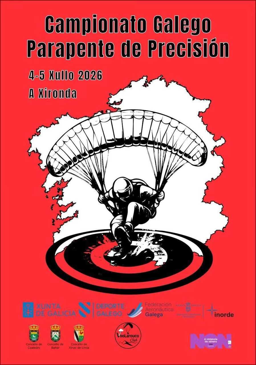 Cartel del Campeonato Gallego de Parapente de Precisión que se celebrará en A Xironda.
