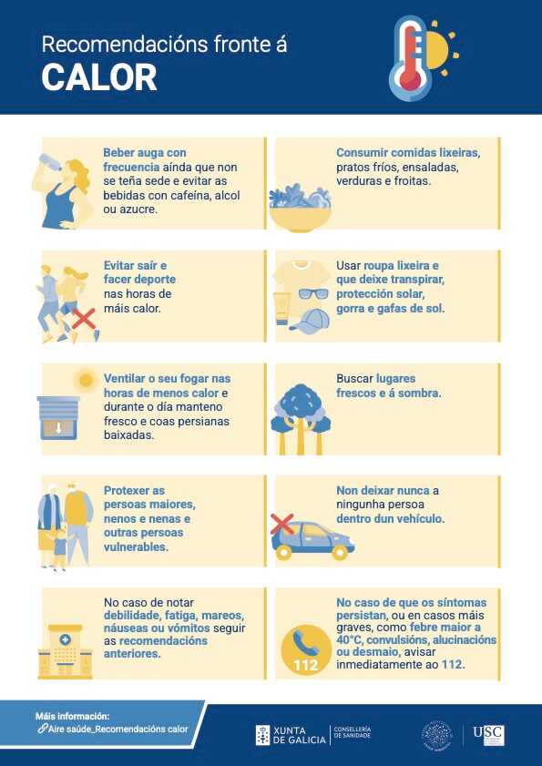 Recomendacións fronte á calor emitidas pola Consellería de Sanidade.