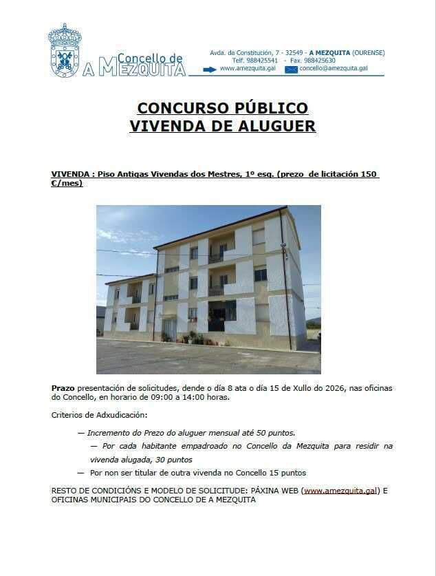 Cartel del concurso público de vivienda de alquiler convocado por el Concello de A Mezquita.